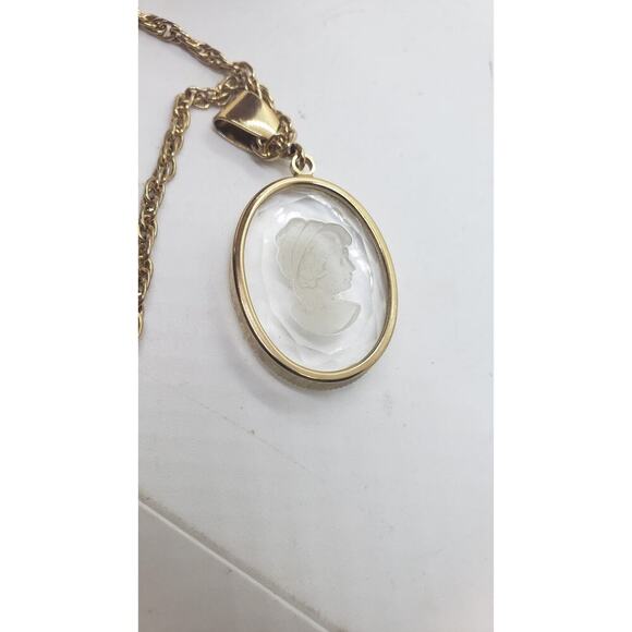 Vintage Intaglio Reverse Engraved Cameo Necklace Rope Chain Faceted Pendant 1970 - Picture 3 of 12